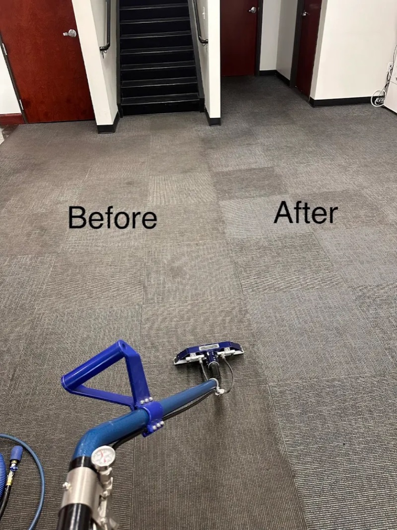 Building stairwell area carpet before and after deep cleaning
